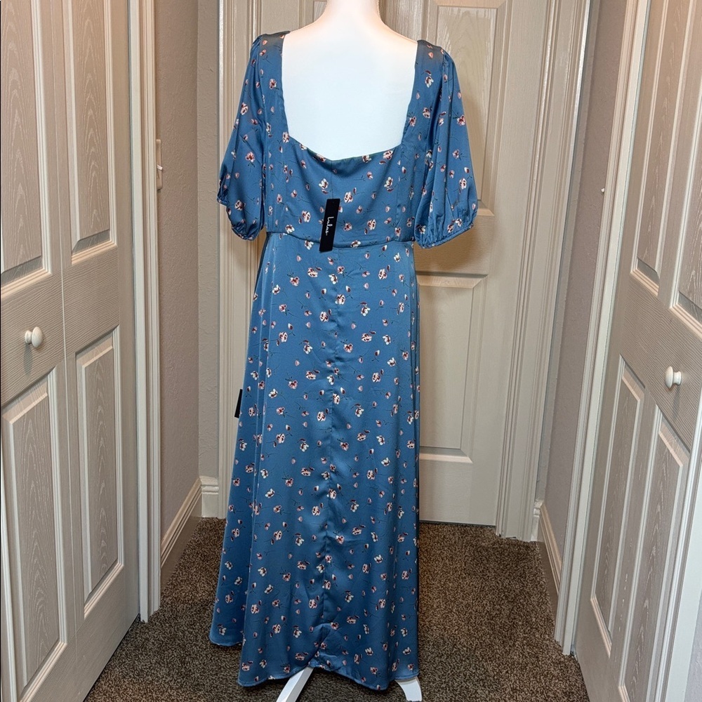 Lulus Gorgeous Days Blue Floral Satin Puff Sleeve Midi
Dress NWT Size XL - Picture 7 of 11